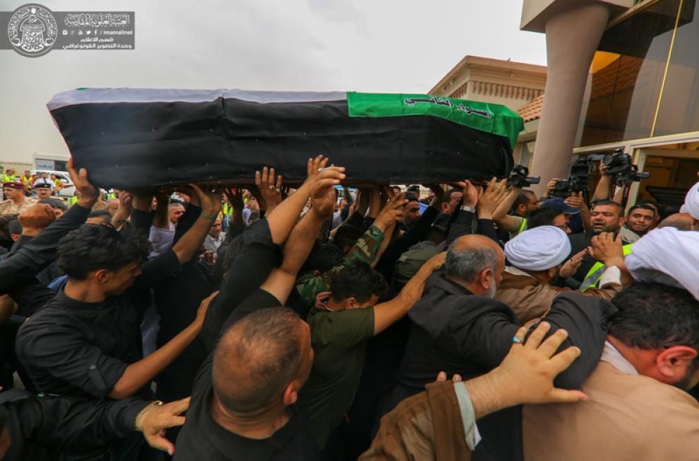 العتبة العلوية المقدسة تشارك في استقبال جثمان فقيدها قائد فرقة الإمام علي (عليه السلام) الشيخ كريم الخاقاني